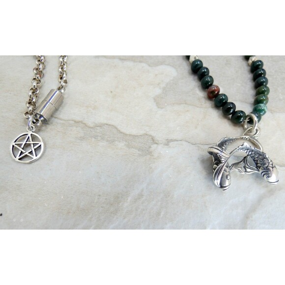 Sterling Silver Pisces Fish Bloodstone Beaded Pendant Necklace Pentagram - Picture 9 of 9